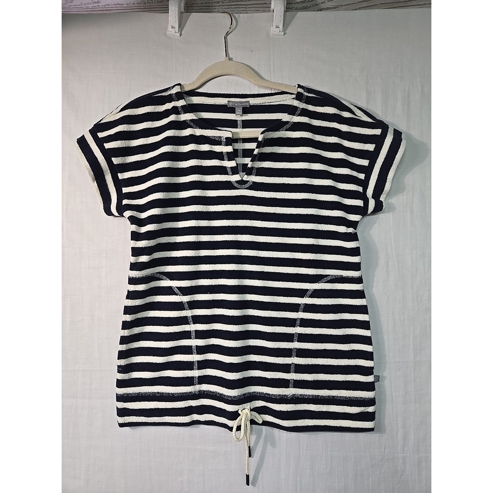 T by TALBOTS Women's XS Cap Sleev Top White Navy Stripes Nautical Loop Terry